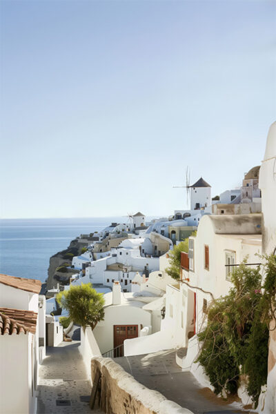 Whitewashed buildings with blue accents on a hillside overlooking the sea, featuring a windmill, under a clear blue sky in Santorini, Greece. Nature and landscape print available in A1 to A4 sizes.