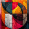 Abstract geometric artwork featuring overlapping circles and rectangles in shades of red, orange, yellow, blue, black, and grey with textured, brushstroke patterns. Abstract art poster available in A1 to A4 sizes.