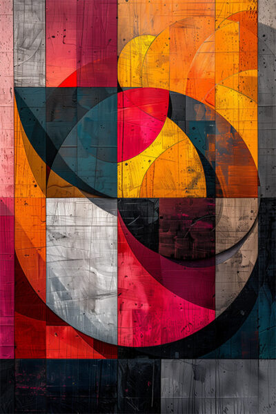 Abstract geometric artwork featuring overlapping circles and rectangles in shades of red, orange, yellow, blue, black, and grey with textured, brushstroke patterns. Abstract art poster available in A1 to A4 sizes.