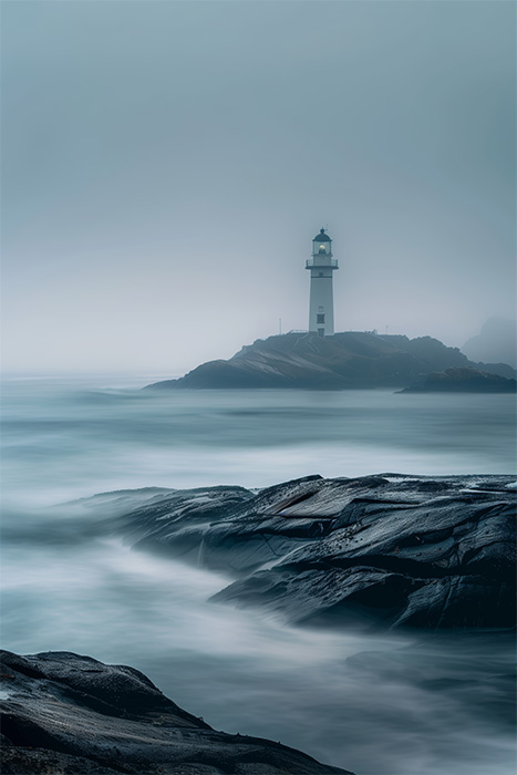 product-image-2-3 A lighthouse stands on a rocky island in the distance, surrounded by mist and rough, blurred waves in the foreground. Nature and landscape print available in A1 to A4 sizes.