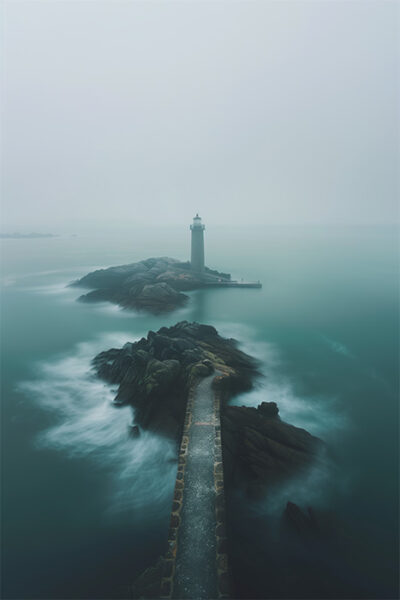 A stone pathway leads across rocks to a lighthouse on a small island, surrounded by calm, misty water under an overcast sky. Nature and landscape print available in A1 to A4 sizes.