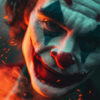The Joker from Batman with dramatic clown makeup and red nose looks into the camera, illuminated by orange light and surrounded by floating embers. A striking scene. Fantasy art poster available in A1 to A4 sizes.