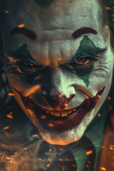 A person with white face paint, green hair, red and black makeup, and a sinister smile stares intensely, surrounded by floating orange embers. Batman’s infamous foe, The Joker. Fantasy art poster available in A1 to A4 sizes.