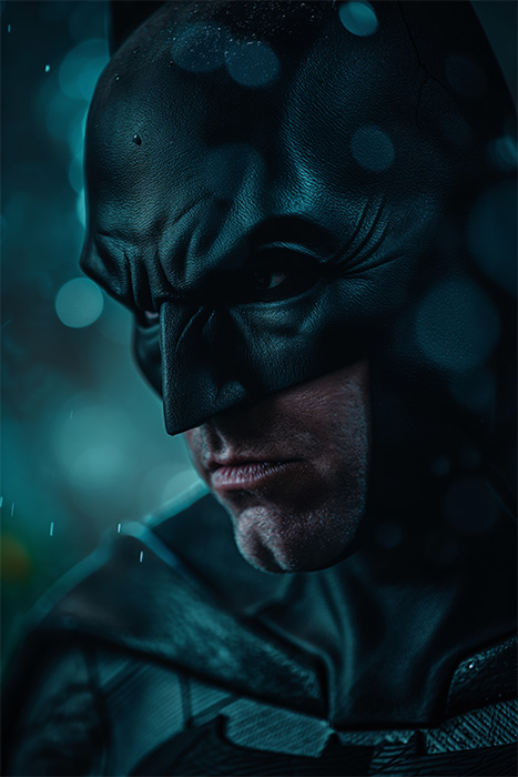 product-image-2-3 A close up of Batman, with a serious expression, wearing a black cowl and armour, set against a moody, blue-toned background with rain and bokeh lights. Fantasy art poster available in A1 to A4 sizes.