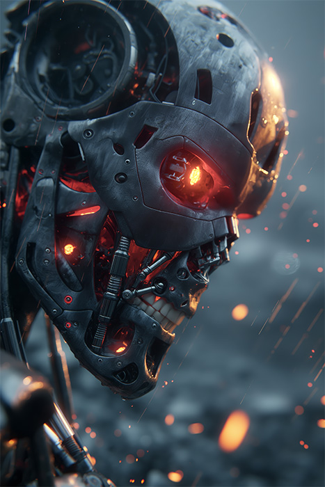 Close-up of a futuristic, humanoid robot inspired by the T-800 Terminator, with exposed metal parts and glowing orange elements, set against a blurred, dark background with sparks in the air. Fantasy art poster available in A1 to A4 sizes.