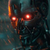 A metallic humanoid robot, resembling the Terminator T-800, stands in the rain with glowing red eyes, illuminated by an orange light. Fantasy art poster available in A1 to A4 sizes.