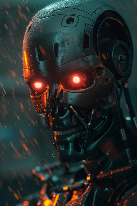 A metallic humanoid robot, resembling the Terminator T-800, stands in the rain with glowing red eyes, illuminated by an orange light. Fantasy art poster available in A1 to A4 sizes.
