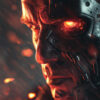 Close-up of a human face partially merged with a T-800 cyborg from The Terminator, one glowing red eye, illuminated by orange-red light and sparks. Fantasy art poster available in A1 to A4 sizes.
