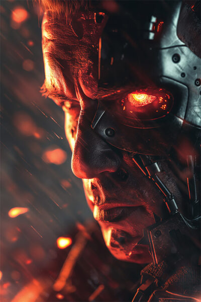 Close-up of a human face partially merged with a T-800 cyborg from The Terminator, one glowing red eye, illuminated by orange-red light and sparks. Fantasy art poster available in A1 to A4 sizes.