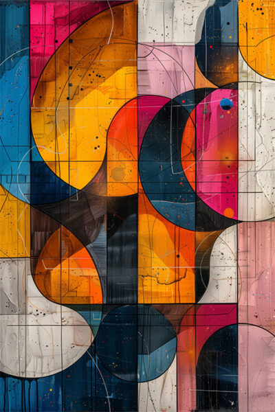 Abstract painting featuring overlapping geometric shapes in vibrant shades of yellow, blue, red, black, and pink, with textured brushstrokes and splatters throughout. Abstract art poster available in A1 to A4 sizes.