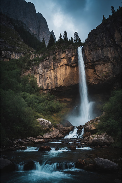 product-image-2-3 A tall waterfall cascades down a rocky cliff surrounded by trees, with a stream flowing over rocks in the foreground under a cloudy sky. Nature and landscape print available in A1 to A4 sizes.