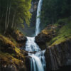 A tall waterfall cascades down multiple rocky tiers surrounded by lush green trees and moss-covered rocks in a forested area. Nature and landscape print available in A1 to A4 sizes.