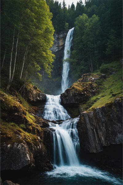 A tall waterfall cascades down multiple rocky tiers surrounded by lush green trees and moss-covered rocks in a forested area. Nature and landscape print available in A1 to A4 sizes.