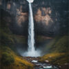 Tall waterfall cascades down a rocky cliff surrounded by lush greenery, with a stream flowing over rocks in the foreground under a cloudy sky. Nature and landscape print available in A1 to A4 sizes.