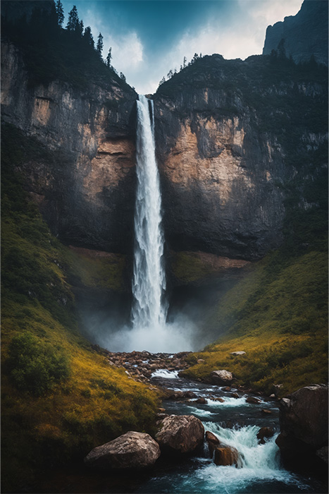 product-image-2-3 Tall waterfall cascades down a rocky cliff surrounded by lush greenery, with a stream flowing over rocks in the foreground under a cloudy sky. Nature and landscape print available in A1 to A4 sizes.