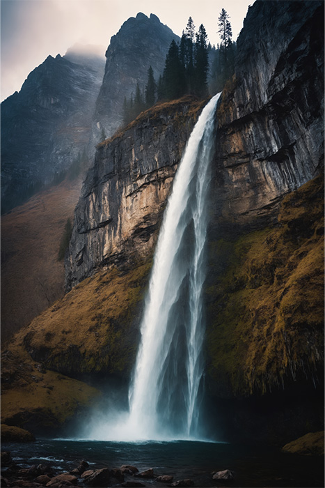 product-image-2-3 Tall waterfall cascading down a rocky cliff surrounded by steep mountains and sparse trees, with mist rising at the base. Nature and landscape print available in A1 to A4 sizes.