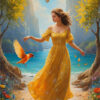 A woman in a yellow dress walks along a flower-lined path toward an enchanted lagoon, with a bird flying nearby and butterflies in the air, surrounded by tall cliffs and bright trees. Fantasy art poster available in A1 to A4 sizes.