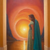 A woman in a green dress with a blue shawl stands in an archway, facing a vibrant sunset over water with mountains and a glowing sun in the background. Wall art print available in A1 to A4 sizes.