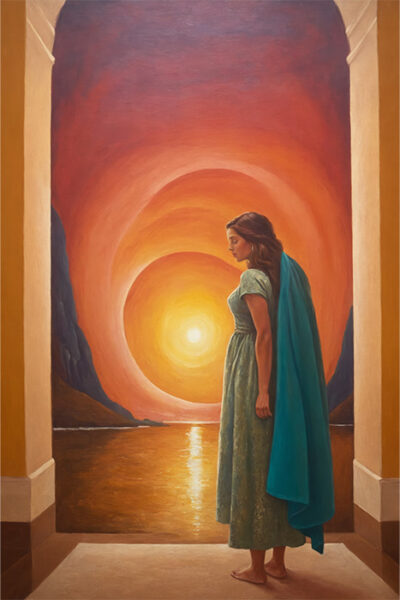 A woman in a green dress with a blue shawl stands in an archway, facing a vibrant sunset over water with mountains and a glowing sun in the background. Wall art print available in A1 to A4 sizes.