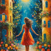 product-image-2-3 A woman in a red dress walks between two flower-covered buildings toward a bright, glowing sun over water in a vibrant, impressionistic painting. Wall art print available in A1 to A4 sizes.