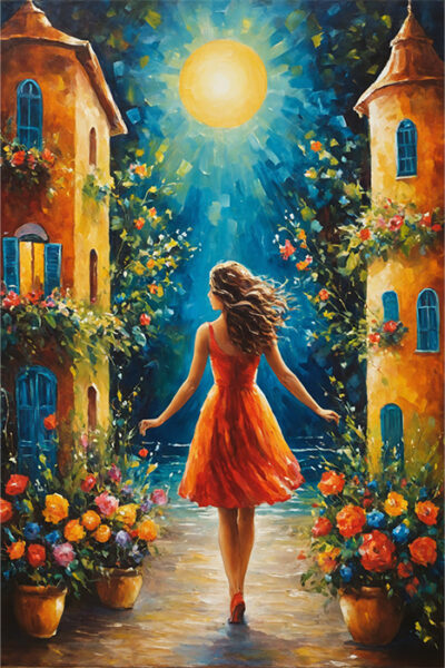 A woman in a red dress walks between two flower-covered buildings toward a bright, glowing sun over water in a vibrant, impressionistic painting. Wall art print available in A1 to A4 sizes.