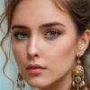 Portrait of a young woman with wavy brown hair wearing ornate gold earrings with turquoise stones, looking directly at the camera with a neutral expression. Wall art print available in A1 to A4 sizes.