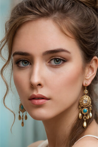 Portrait of a young woman with wavy brown hair wearing ornate gold earrings with turquoise stones, looking directly at the camera with a neutral expression. Wall art print available in A1 to A4 sizes.