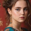 Portrait of a young woman with wavy brown hair wearing gold earrings and a blue floral patterned top, posing in front of a red floral wallpaper background. Wall art print available in A1 to A4 sizes.