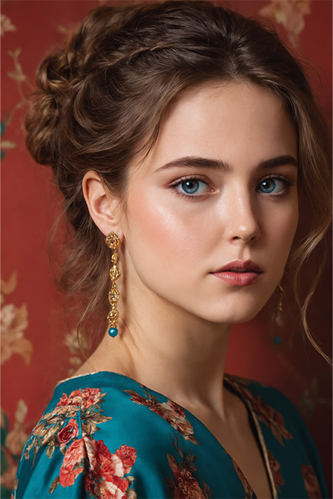 Portrait of a young woman with wavy brown hair wearing gold earrings and a blue floral patterned top, posing in front of a red floral wallpaper background. Wall art print available in A1 to A4 sizes.