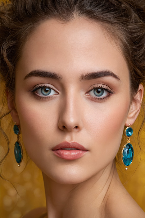 product-image-2-3 Portrait of a woman with light skin, blue eyes, and wavy brown hair is wearing blue gemstone earrings and looking directly at the camera, with a blurred yellow background. Wall art print available in A1 to A4 sizes.