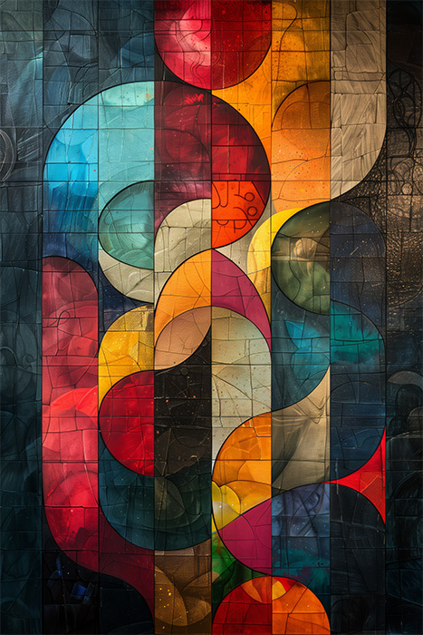 product-image-2-3 Abstract stained glass window with curved, intersecting shapes in red, yellow, blue, and orange hues divided by vertical black lines. Abstract art poster available in A1 to A4 sizes.