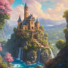 A majestic Enchanted Castle atop a rocky hill with waterfalls, surrounded by lush greenery and pink trees beneath two large planets. A person walks toward the castle. Fantasy art poster available in A1 to A4 sizes.