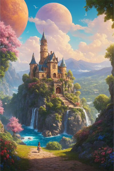 A majestic Enchanted Castle atop a rocky hill with waterfalls, surrounded by lush greenery and pink trees beneath two large planets. A person walks toward the castle. Fantasy art poster available in A1 to A4 sizes.