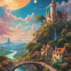 A castle sits atop a hill under a large moon, with a river, stone bridge, and houses nestled among lush greenery and flowers—a scene straight from an enchanted kingdom in a magical fantasy landscape. Fantasy art poster available in A1 to A4 sizes.