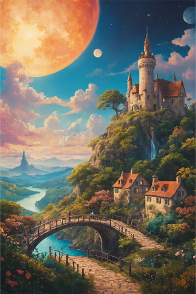 A castle sits atop a hill under a large moon, with a river, stone bridge, and houses nestled among lush greenery and flowers—a scene straight from an enchanted kingdom in a magical fantasy landscape. Fantasy art poster available in A1 to A4 sizes.