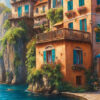 Colourful, rustic houses with blue shutters sit atop cliffs beside a bright blue river in the charming Pueblo en el Agua, surrounded by flowers and greenery under a clear sky. Wall art print available in A1 to A4 sizes.