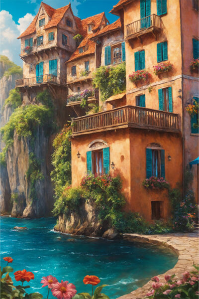 Colourful, rustic houses with blue shutters sit atop cliffs beside a bright blue river in the charming Pueblo en el Agua, surrounded by flowers and greenery under a clear sky. Wall art print available in A1 to A4 sizes.