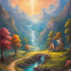 A small stone cottage by a stream with a stone bridge, surrounded by colourful trees and flowers in a mountainous valley under a radiant sky. A magical, enchanted kingdom. Fantasy art poster available in A1 to A4 sizes.
