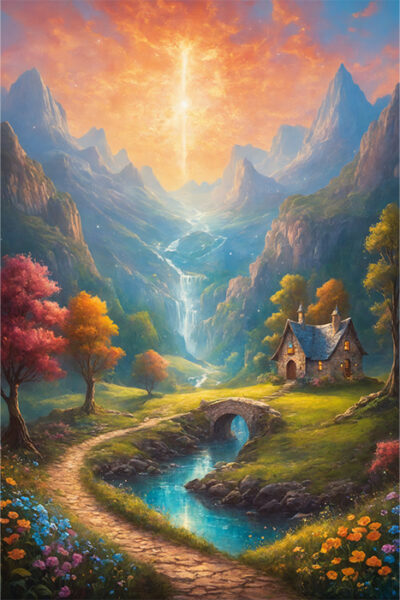 A small stone cottage by a stream with a stone bridge, surrounded by colourful trees and flowers in a mountainous valley under a radiant sky. A magical, enchanted kingdom. Fantasy art poster available in A1 to A4 sizes.