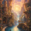 A woman in a red dress stands by a turquoise river in a Magical Kingdom, surrounded by cliffs, waterfalls, flowering plants, and ornate stone buildings under a colourful, glowing sky. Fantasy art poster available in A1 to A4 sizes.