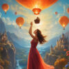 A woman in a red dress stands on a cliff, reaching toward a hot air balloon overhead, with multiple balloons and distant castles visible under a blue sky. Magical scene. Fantasy art poster available in A1 to A4 sizes.
