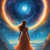 A woman in a flowing dress stands on a cliff, gazing at a bright circular portal beneath an enchanting twilight and swirling blue sky above a mountainous landscape under a crescent moon. Fantasy art poster available in A1 to A4 sizes.