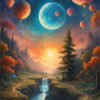 A surreal landscape with a river, waterfall, and mountains at sunset. Large planets and twilight balloons float in the sky as a person stands near the path, gazing at the breathtaking scene. Fantasy art poster available in A1 to A4 sizes.
