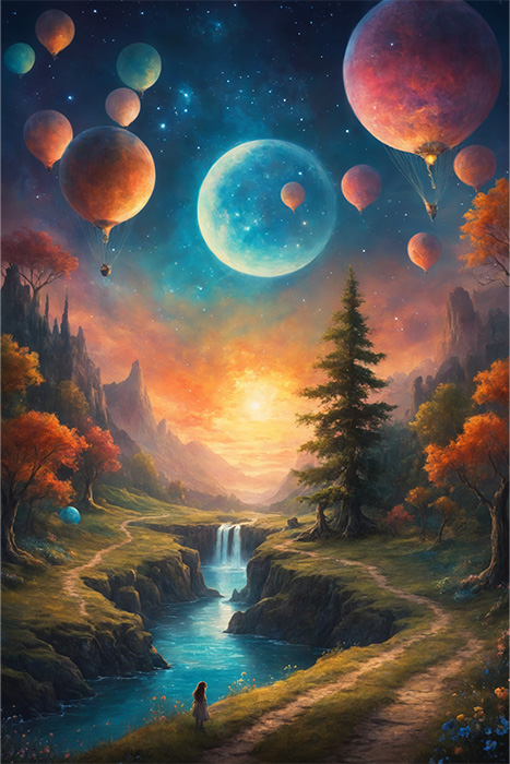 product-image-2-3 A surreal landscape with a river, waterfall, and mountains at sunset. Large planets and twilight balloons float in the sky as a person stands near the path, gazing at the breathtaking scene. Fantasy art poster available in A1 to A4 sizes.