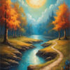 An Enchanted Trail winds along a river through a forest of autumn trees, all bathed in the glow of a large, bright full moon beneath a colourful, dreamy sky. Fantasy art poster available in A1 to A4 sizes.