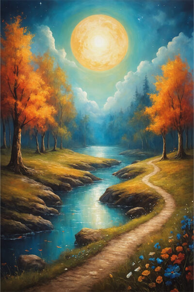 An Enchanted Trail winds along a river through a forest of autumn trees, all bathed in the glow of a large, bright full moon beneath a colourful, dreamy sky. Fantasy art poster available in A1 to A4 sizes.