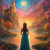A princess in a blue dress stands by a river at sunset, facing a distant castle on a hill beneath a glowing sky and swirling clouds. A magical scene. Fantasy art poster available in A1 to A4 sizes.