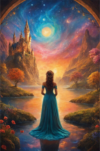 A princess in a blue dress stands by a river at sunset, facing a distant castle on a hill beneath a glowing sky and swirling clouds. A magical scene. Fantasy art poster available in A1 to A4 sizes.