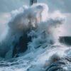 Large waves crash dramatically against a stone lighthouse under a cloudy sky, sending sea spray high into the air. Nature and landscape print available in A1 to A4 sizes.
