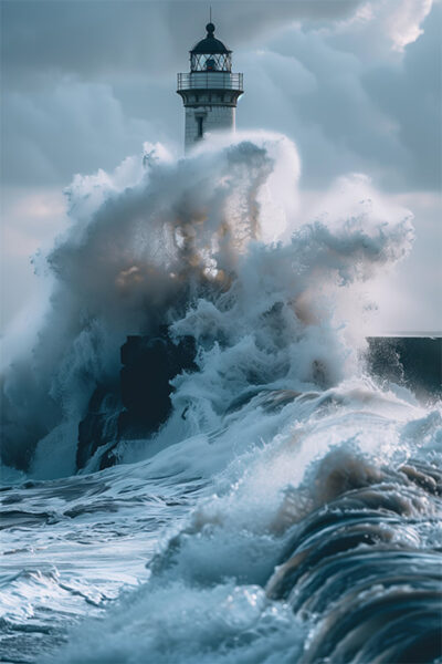 Large waves crash dramatically against a stone lighthouse under a cloudy sky, sending sea spray high into the air. Nature and landscape print available in A1 to A4 sizes.